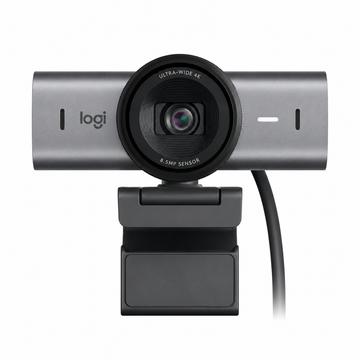 Logitech MX Brio Ultra HD 4K webcam front view showing the graphite body, large camera lens and universal monitor mount