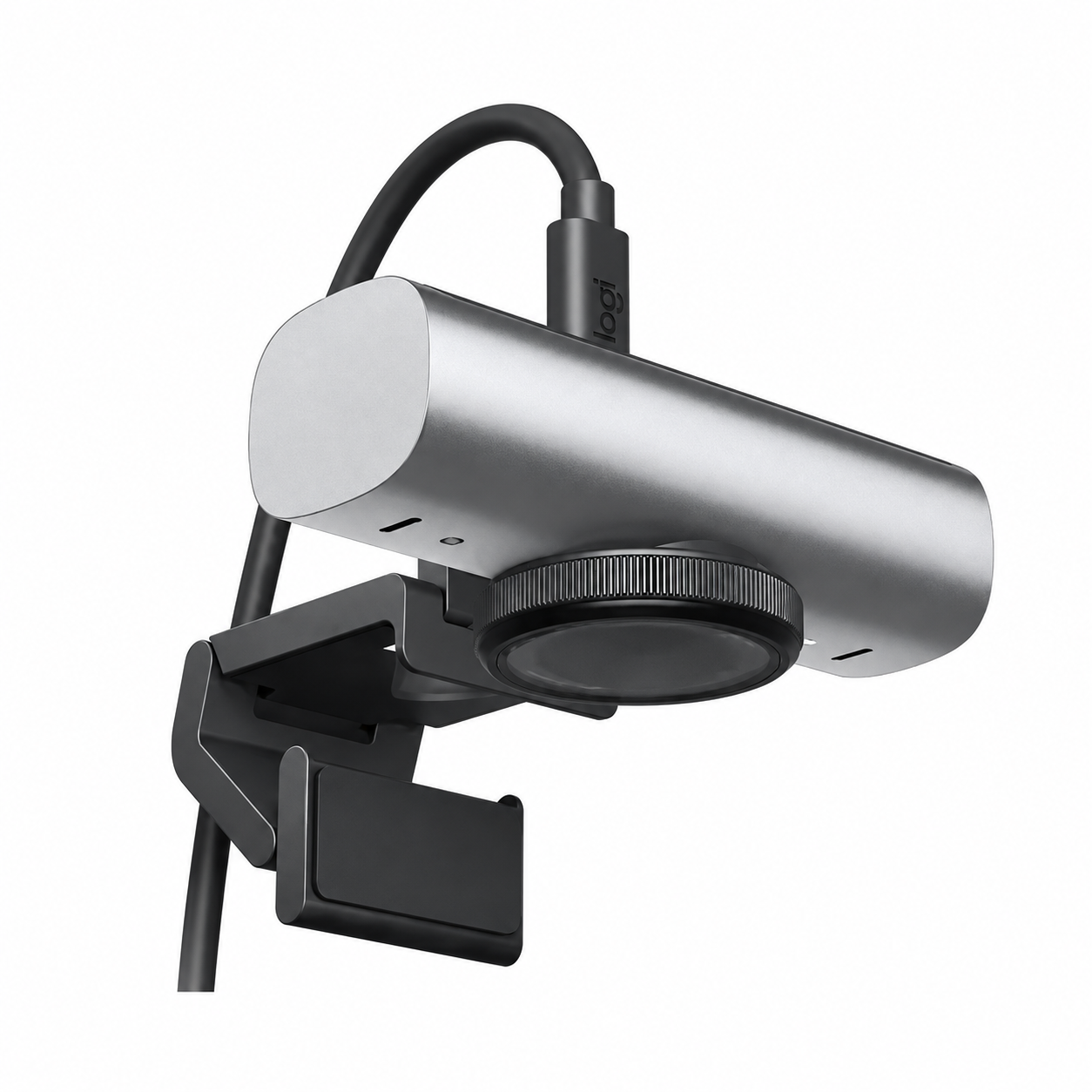 Logitech MX Brio Ultra HD 4K webcam rear angled view showing the graphite body, USB-C cable connection and adjustable monitor clip