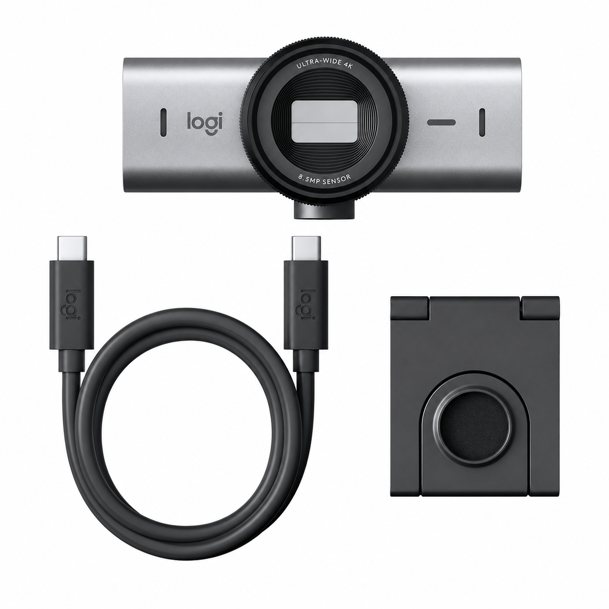 Logitech MX Brio 4K webcam with USB-C cable and mounting accessories shown in the complete product set