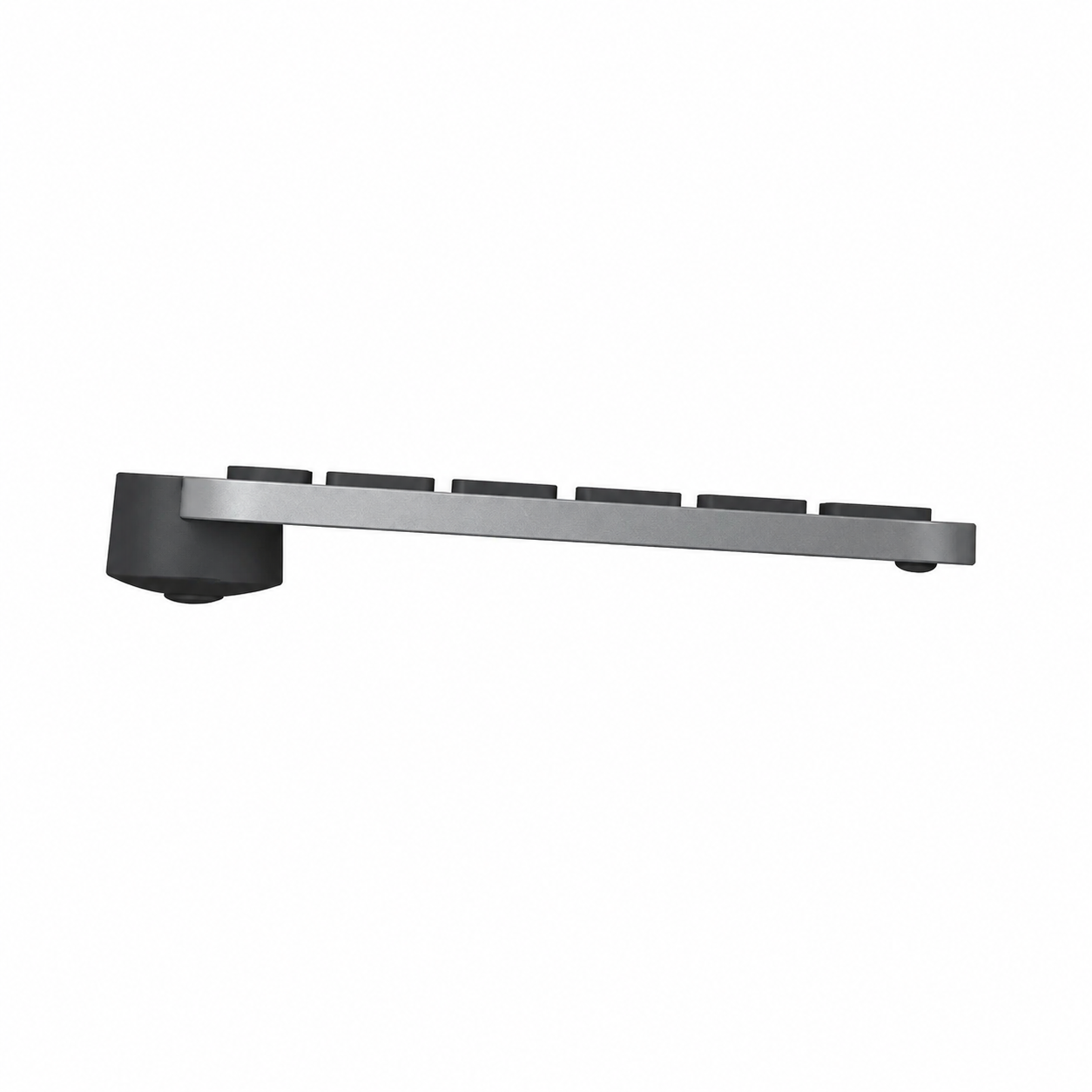 Left-side angle view of Logitech MX Keys Mini wireless keyboard in Graphite showing the scissor-key design and compact desktop footprint.