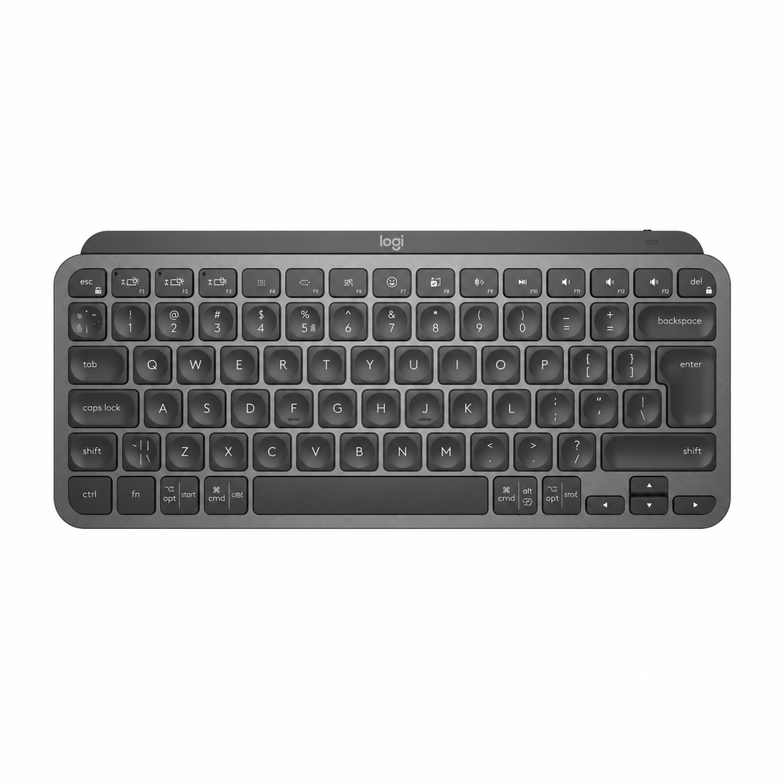 Top view of Logitech MX Keys Mini Graphite wireless illuminated keyboard showing the compact key layout, integrated arrow keys and smart backlit keys.