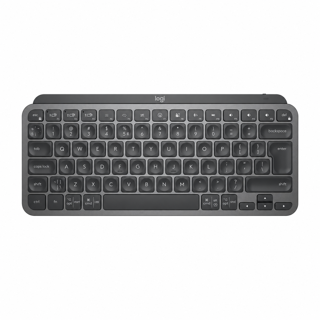 Top view of Logitech MX Keys Mini Graphite wireless illuminated keyboard showing the compact key layout, integrated arrow keys and smart backlit keys.