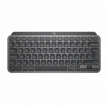 Top view of Logitech MX Keys Mini Graphite wireless illuminated keyboard showing the compact key layout, integrated arrow keys and smart backlit keys.