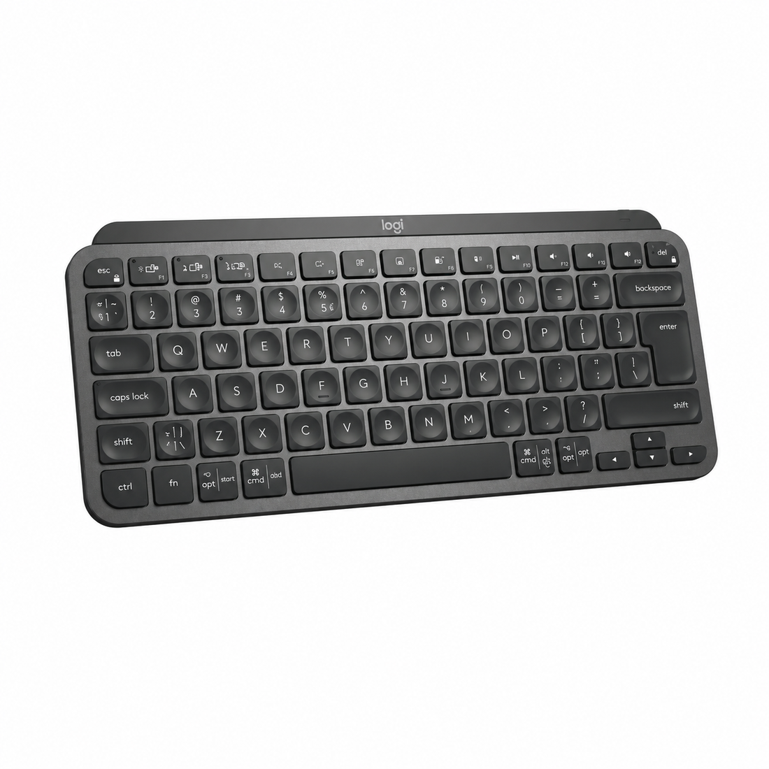 Top view of Logitech MX Keys Mini Graphite wireless illuminated keyboard showing the compact key layout, integrated arrow keys and smart backlit keys.