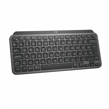 Right-side angle view of Logitech MX Keys Mini Graphite Bluetooth keyboard showing the slim compact profile and low keyboard height.