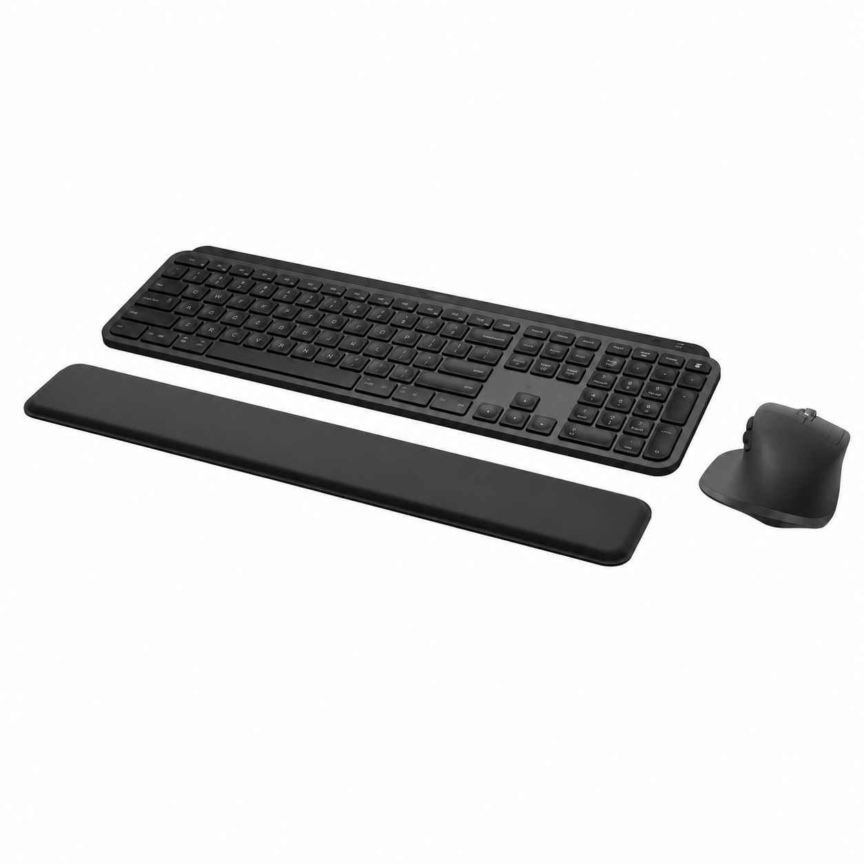 Logitech MX Keys S Combo Graphite with MX Keys S wireless keyboard, MX Master 3S mouse and MX Palm Rest angled view.
