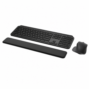 Logitech MX Keys S Combo Graphite with MX Keys S wireless keyboard, MX Master 3S mouse and MX Palm Rest angled view.