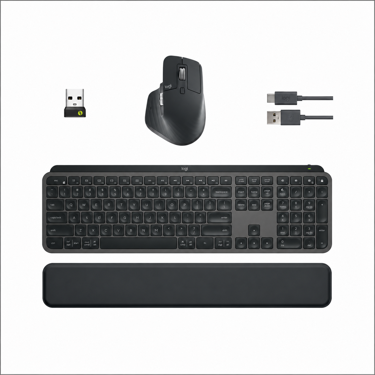 Logitech MX Keys S Combo Graphite complete set with keyboard, MX Master 3S mouse, Logi Bolt receiver, charging cable and palm rest.