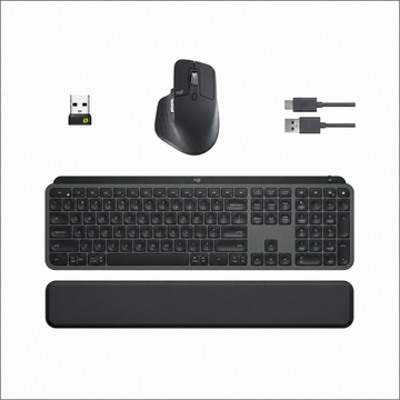 Logitech MX Keys S Combo Graphite complete set with keyboard, MX Master 3S mouse, Logi Bolt receiver, charging cable and palm rest.
