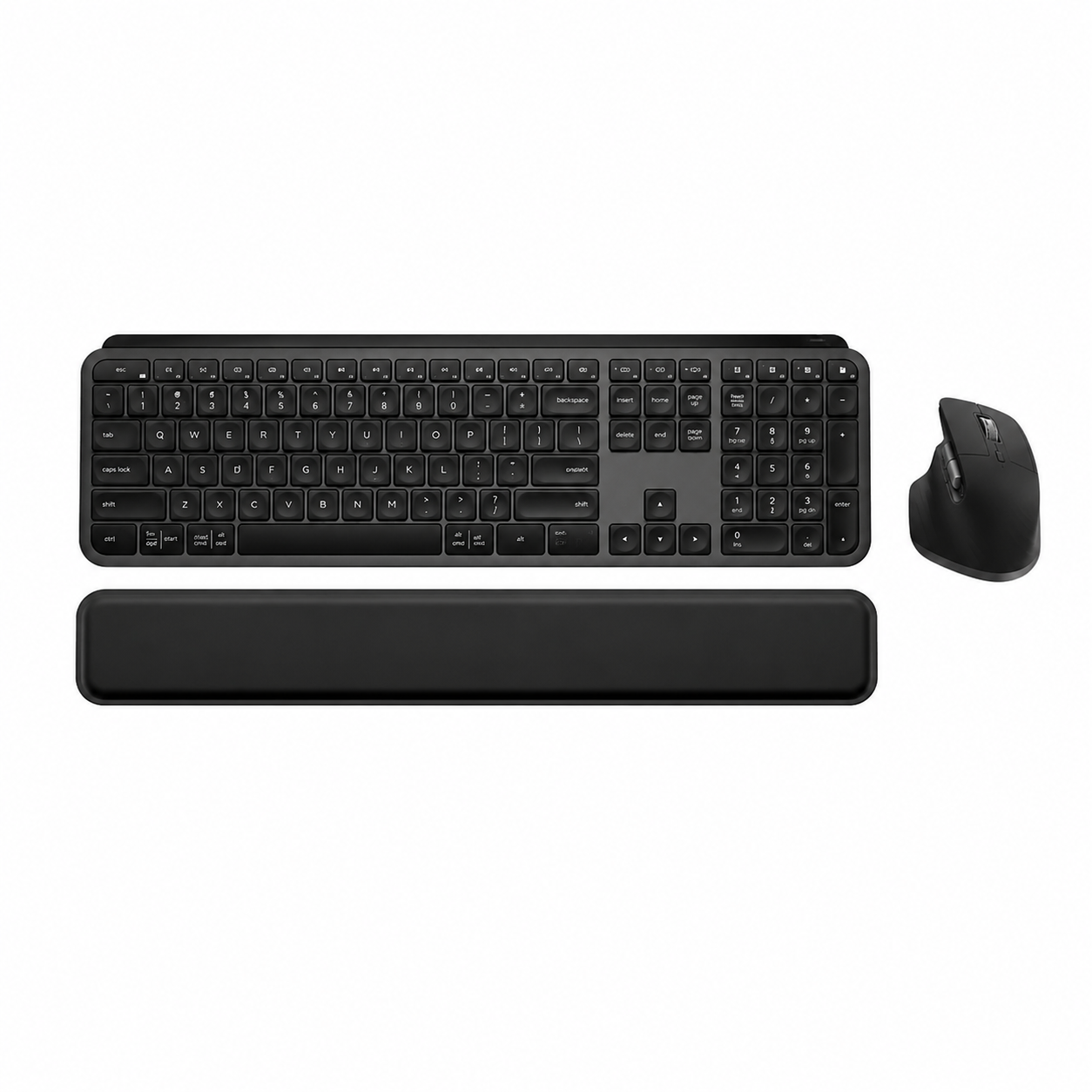 Logitech MX Keys S Combo Graphite front view with wireless keyboard, MX Master 3S mouse and MX Palm Rest.