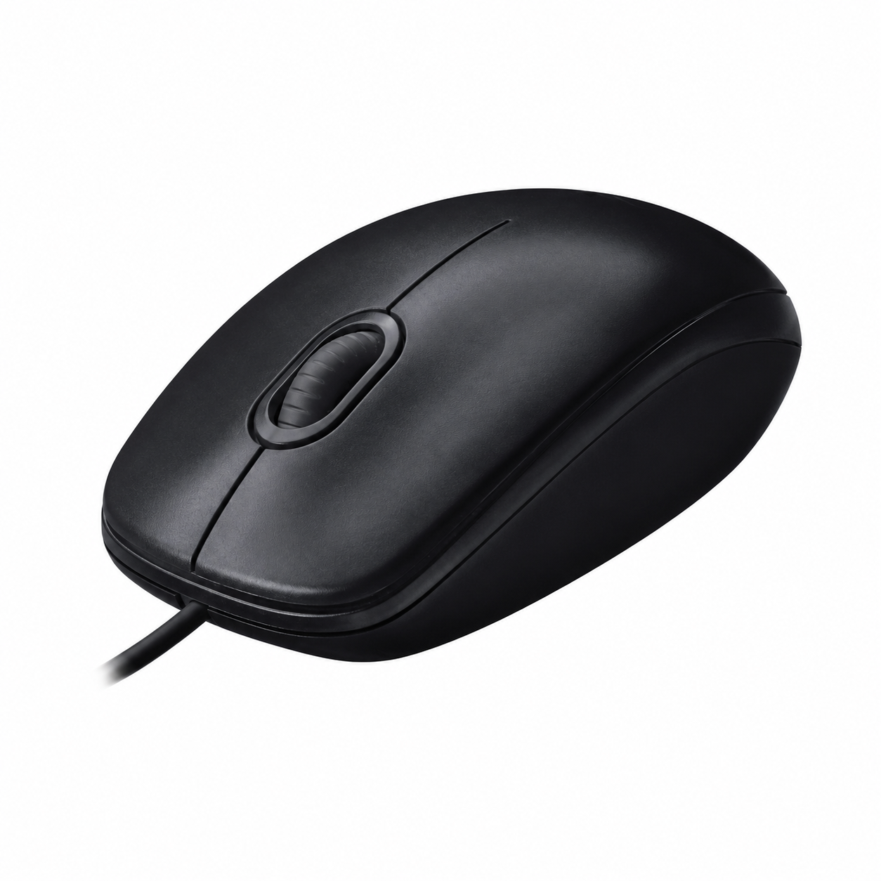Logitech M90 black wired mouse angled side view showing its ambidextrous design