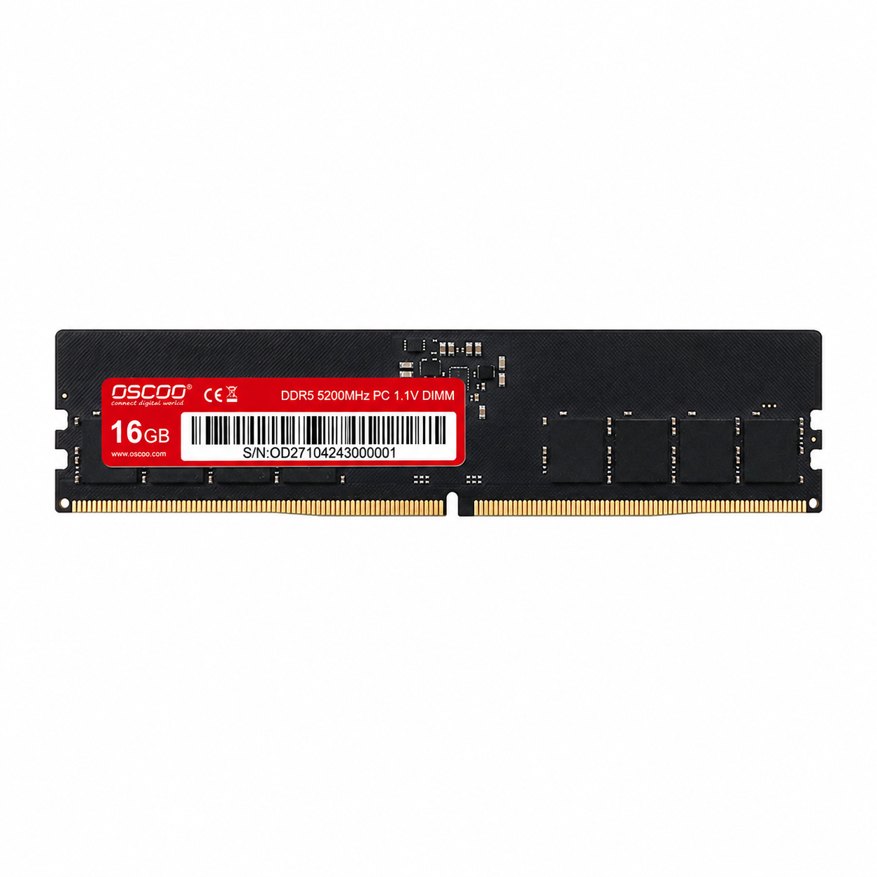 OSCOO 16GB DDR5 5600MHz SO-DIMM laptop RAM front view showing the memory module with red product label and gold connector pins
