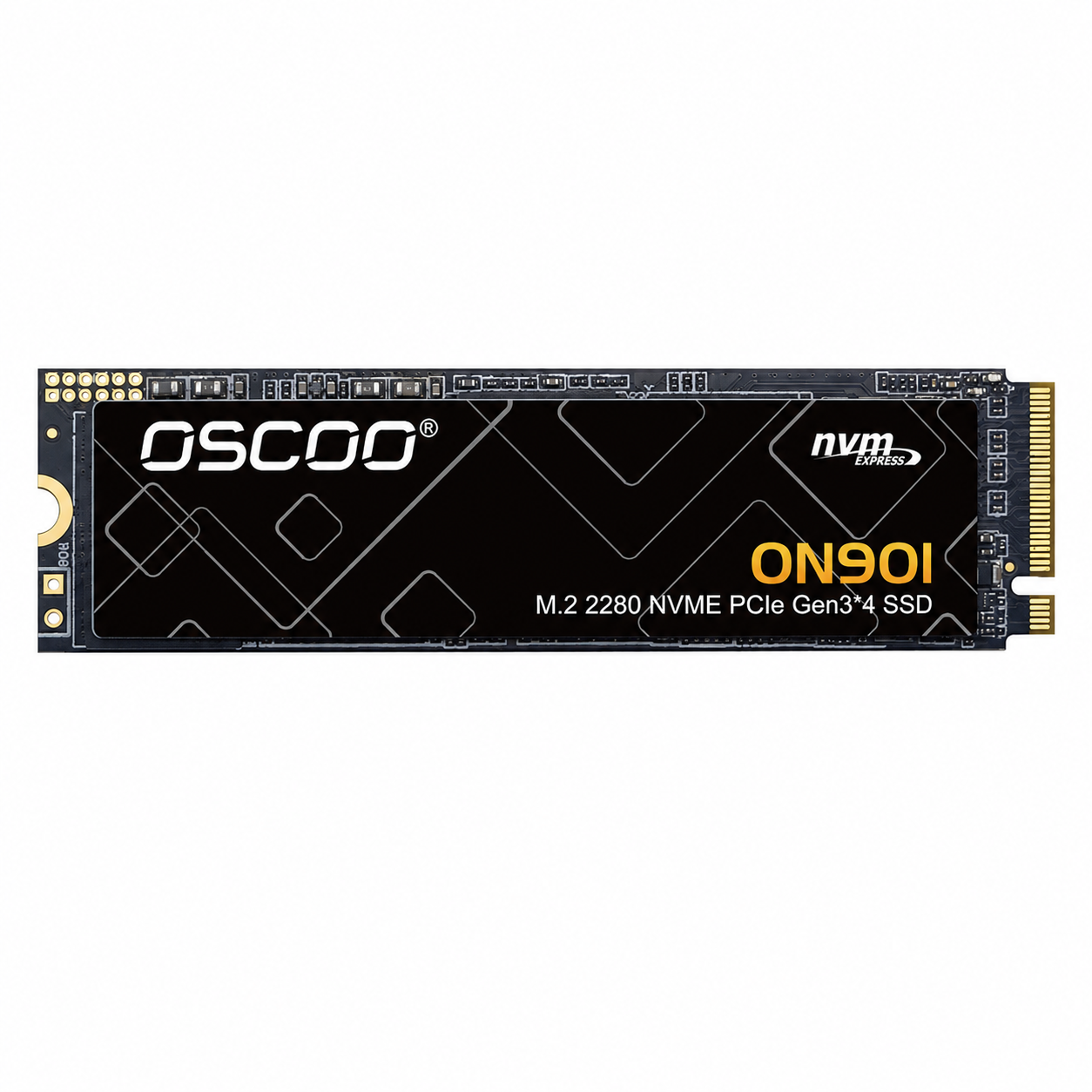 OSCOO ON900 1TB NVMe PCIe Gen3x4 M.2 2280 SSD front view showing the black product label and gold connector
