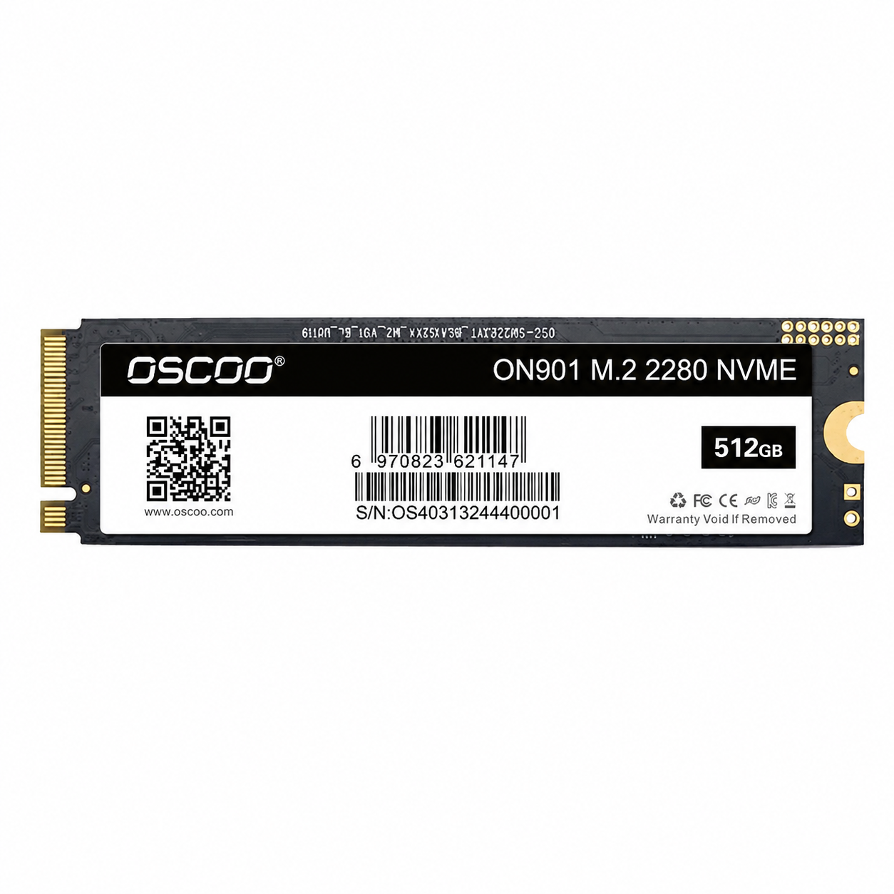 OSCOO ON900 1TB M.2 NVMe SSD rear view showing the white specification label, QR code and connector pins