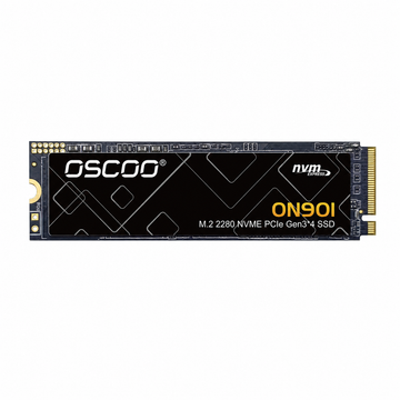 OSCOO ON900 512GB NVMe PCIe Gen3x4 M.2 2280 SSD front view showing the black product label and gold connector