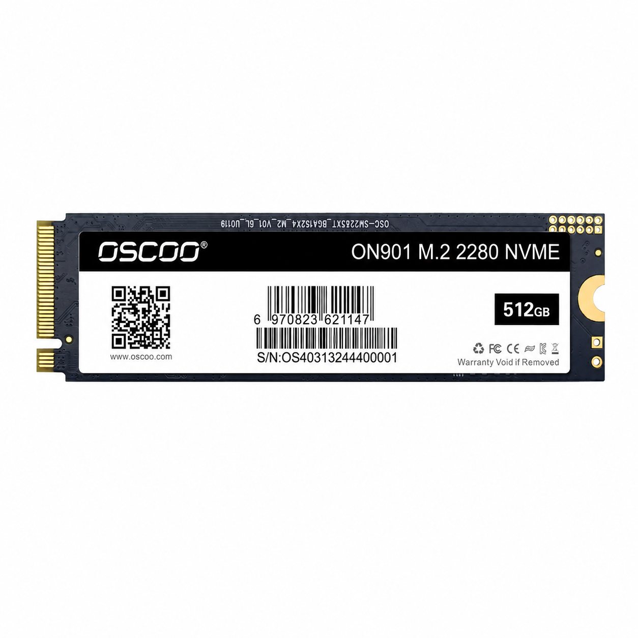 OSCOO ON900 512GB M.2 NVMe SSD rear label view showing the product information sticker and connector pins