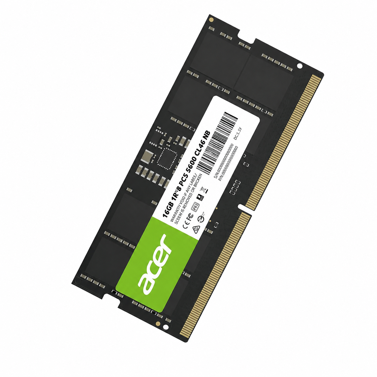Acer 16GB DDR5 5600MT/s SO-DIMM laptop memory module angled view with product label and gold connector pins