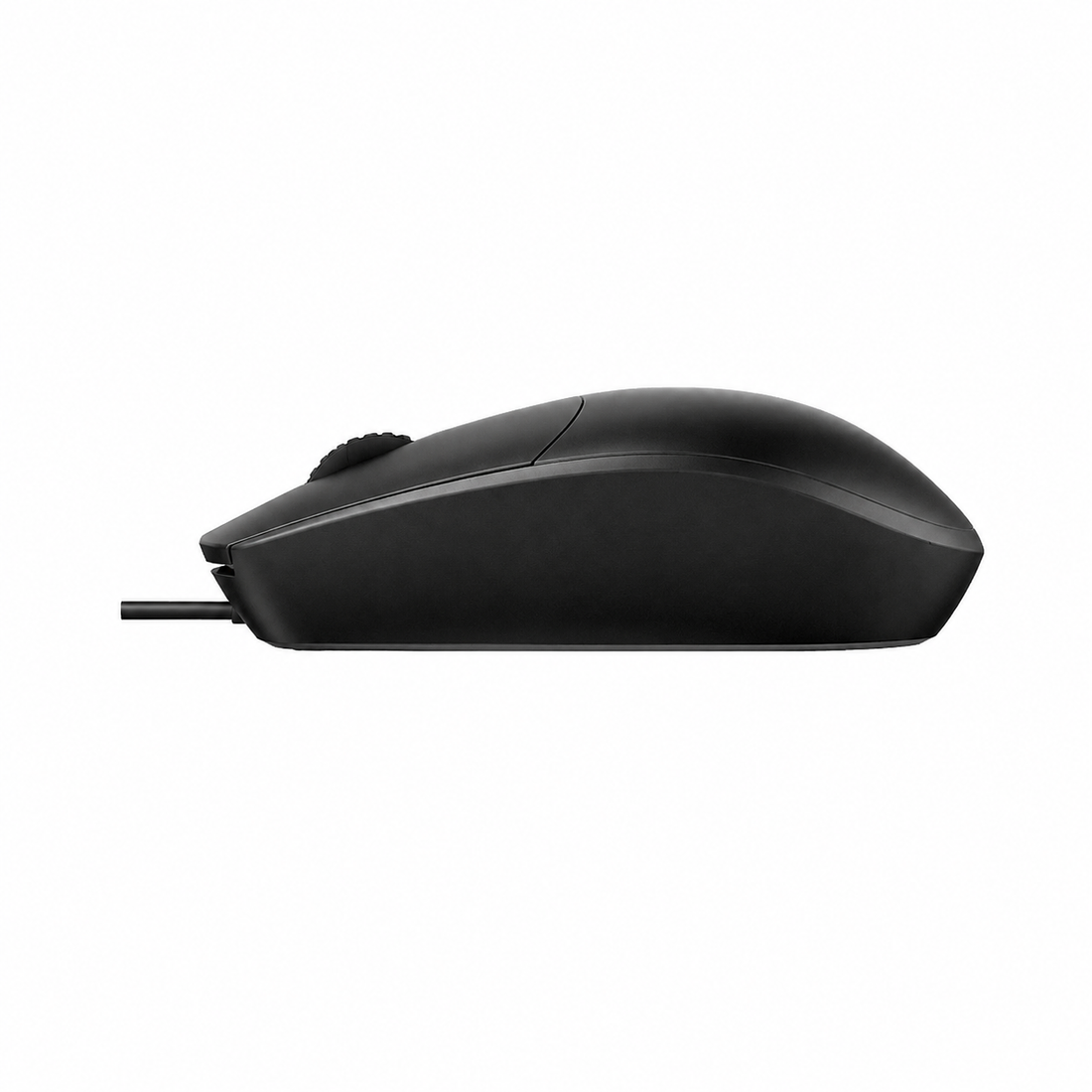 Rapoo N100C wired optical mouse top view showing the black ambidextrous design, scroll wheel and USB Type-C cable