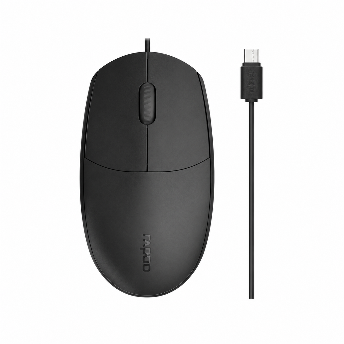 Rapoo N100C wired optical mouse top view showing the black ambidextrous design, scroll wheel and USB Type-C cable