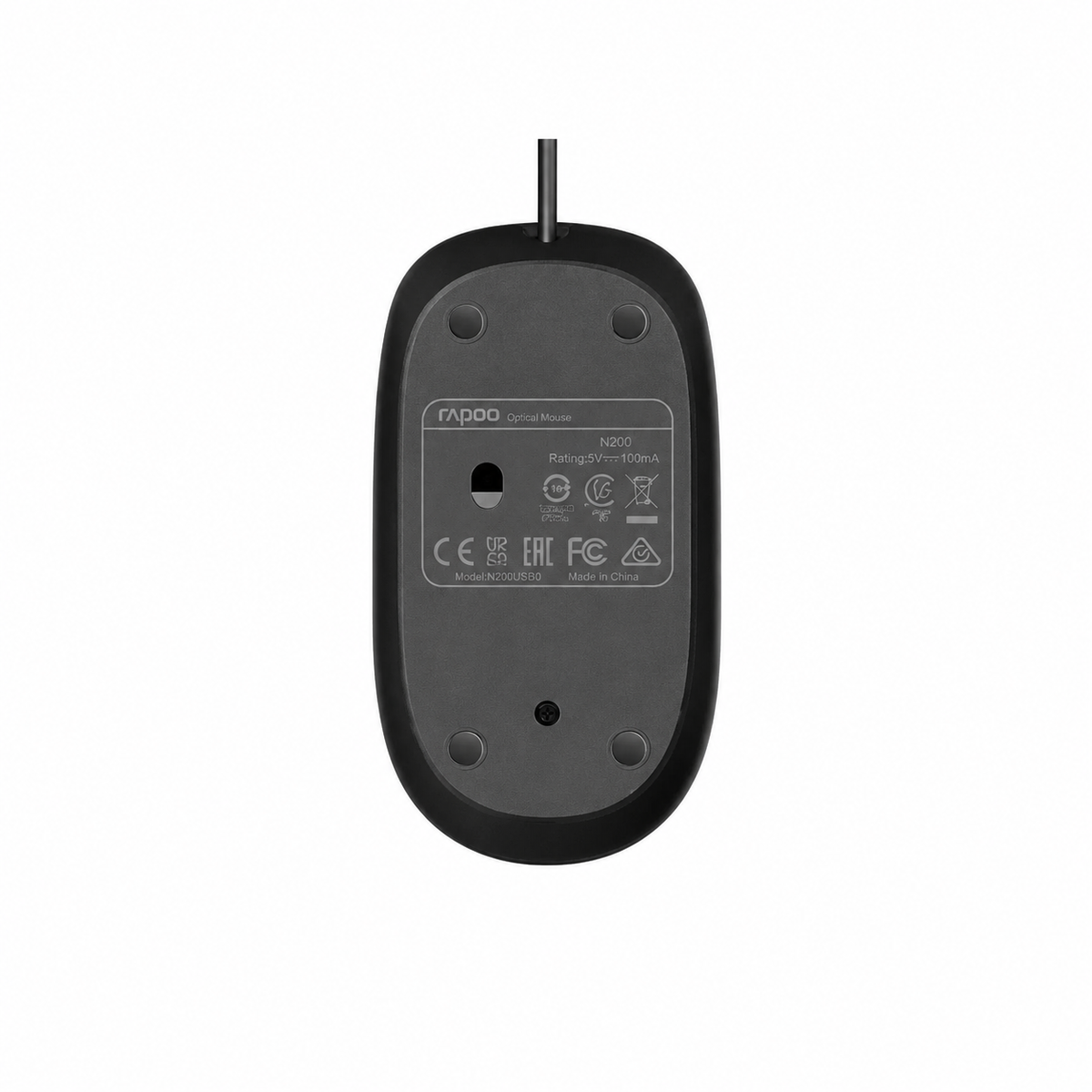 Rapoo N100C wired optical mouse bottom view showing the optical sensor and product information label