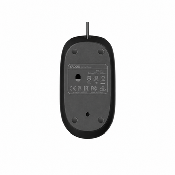Rapoo N100C wired optical mouse bottom view showing the optical sensor and product information label