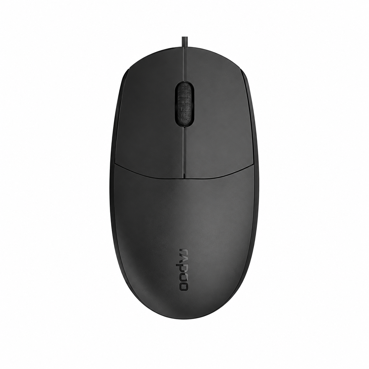 Rapoo N100 wired optical mouse top view showing the black ambidextrous design, scroll wheel and Rapoo logo