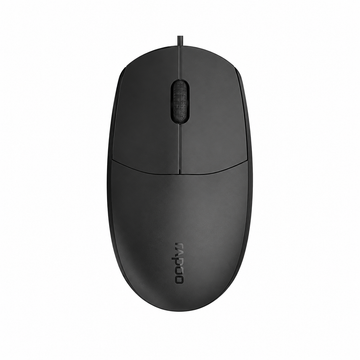 Rapoo N100 wired optical mouse top view showing the black ambidextrous design, scroll wheel and Rapoo logo