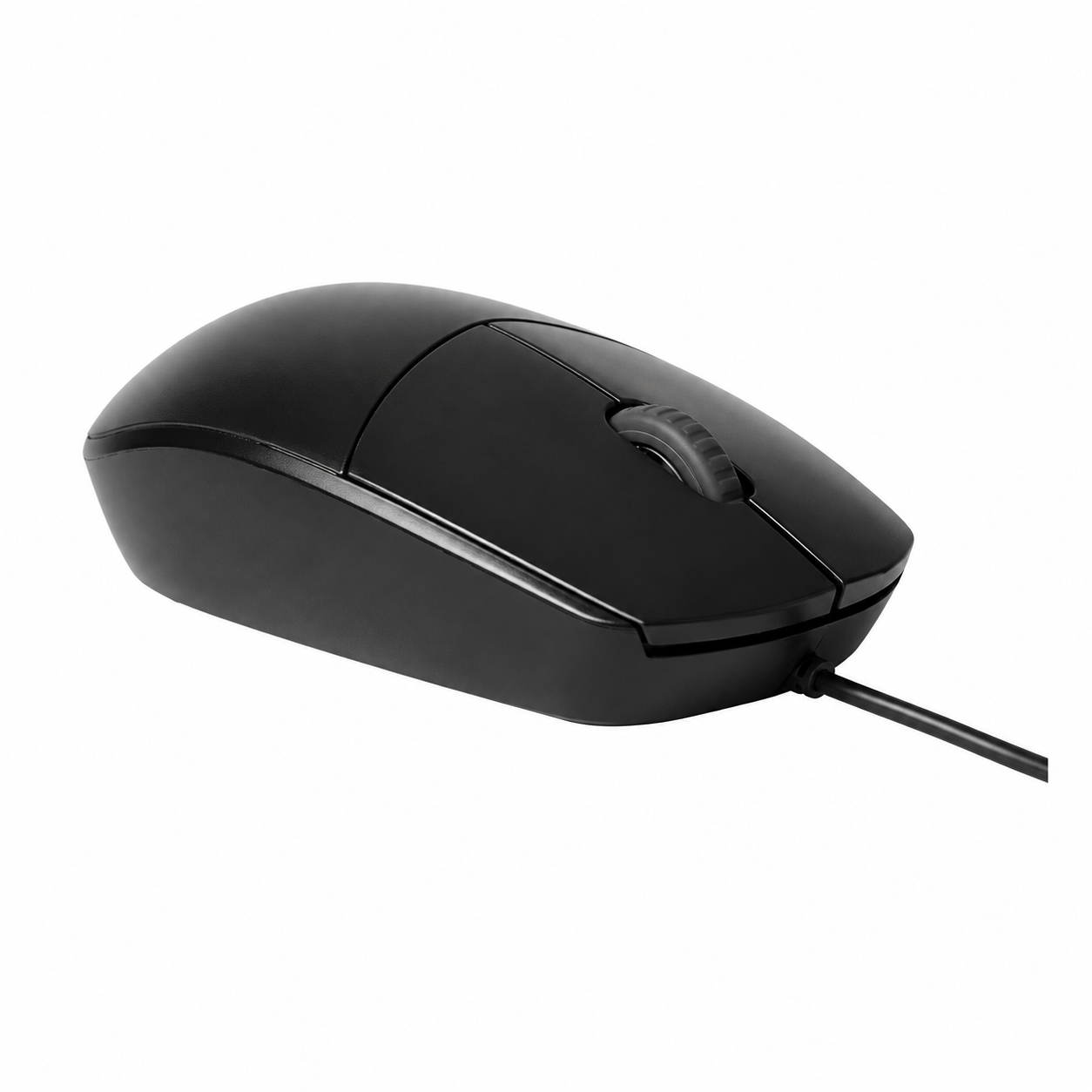 Rapoo N100 wired optical mouse side angled view showing the curved black design and wired USB cable