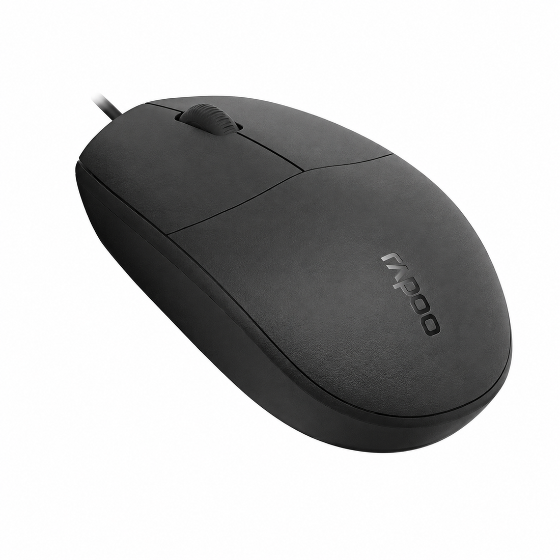 Rapoo N100 wired optical mouse top view showing the black ambidextrous design, scroll wheel and Rapoo logo
