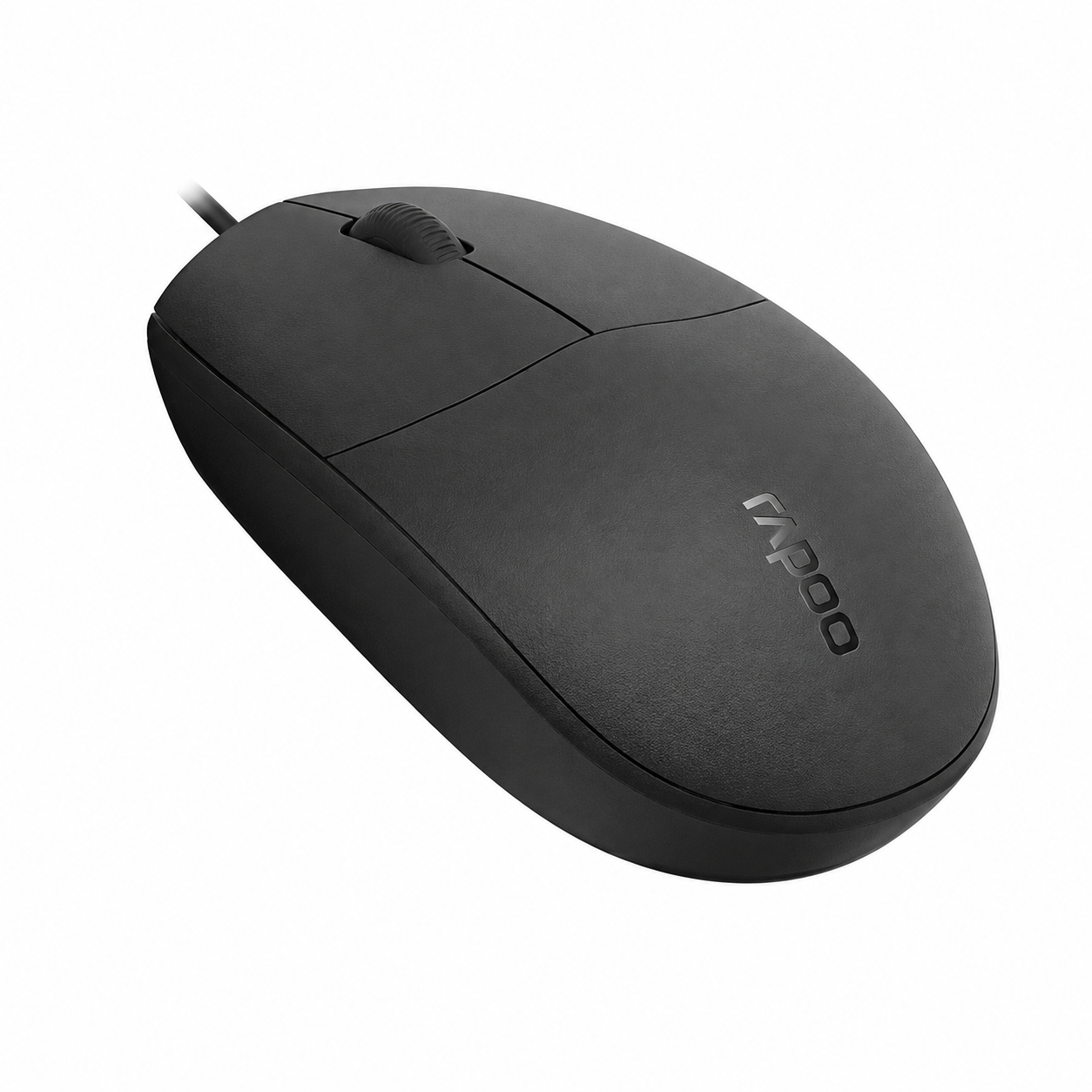 Rapoo N100 wired optical mouse angled front view showing the ergonomic black body and scroll wheel