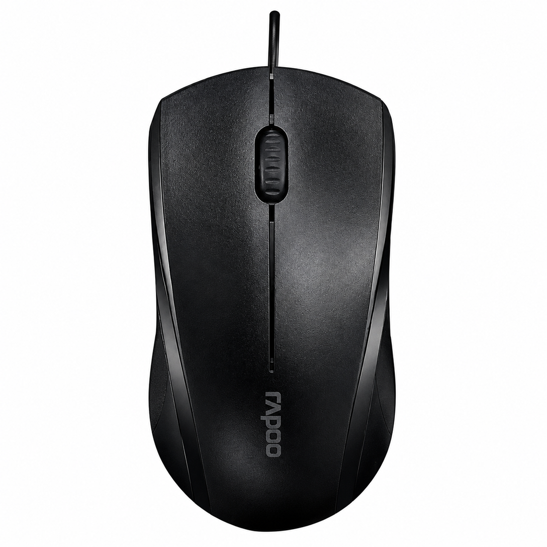 Rapoo N1200 Silent wired optical mouse top view showing the black ergonomic design, scroll wheel and Rapoo logo