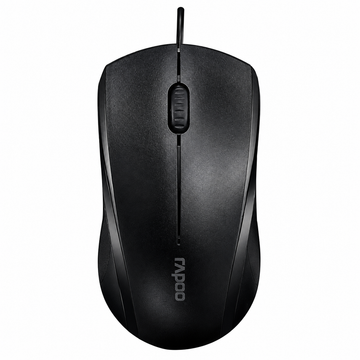 Rapoo N1200 Silent wired optical mouse top view showing the black ergonomic design, scroll wheel and Rapoo logo