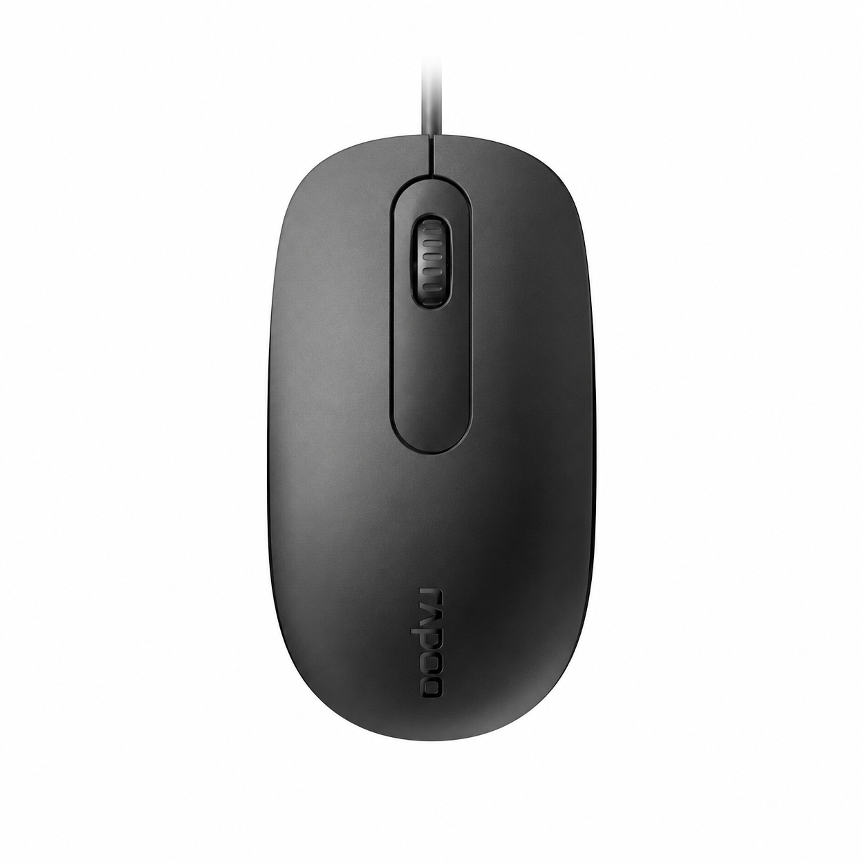 Rapoo N200 wired optical mouse top view showing the black ergonomic body, scroll wheel and symmetrical design