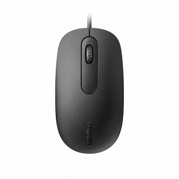 Rapoo N200 wired optical mouse top view showing the black ergonomic body, scroll wheel and symmetrical design