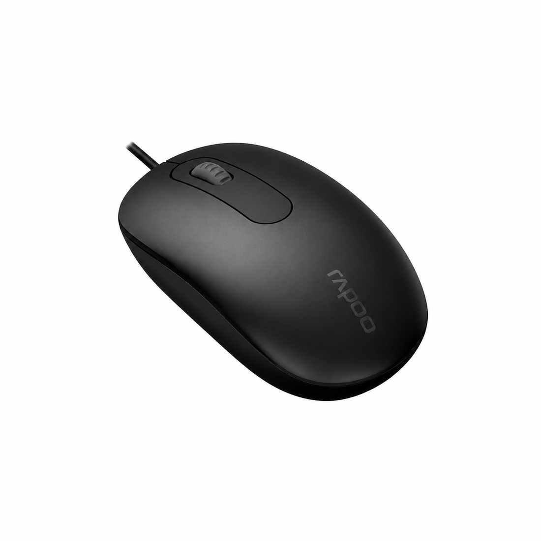 Rapoo N200 wired optical mouse top view showing the black ergonomic body, scroll wheel and symmetrical design