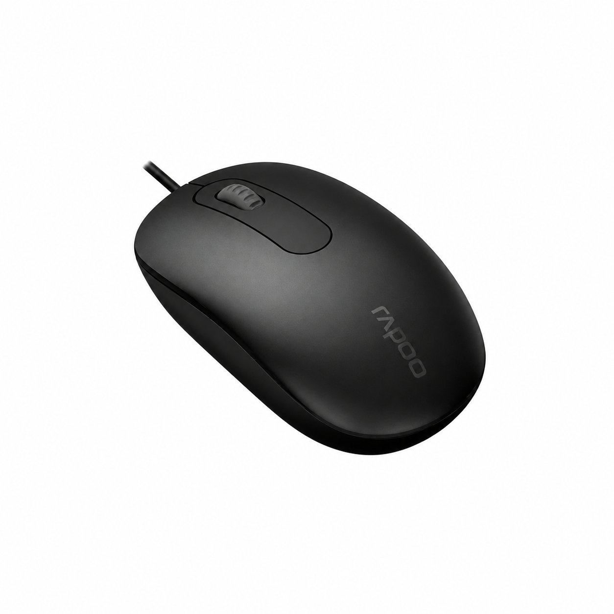 Rapoo N200 wired optical mouse angled front view showing the black full-size body, scroll wheel and USB cable