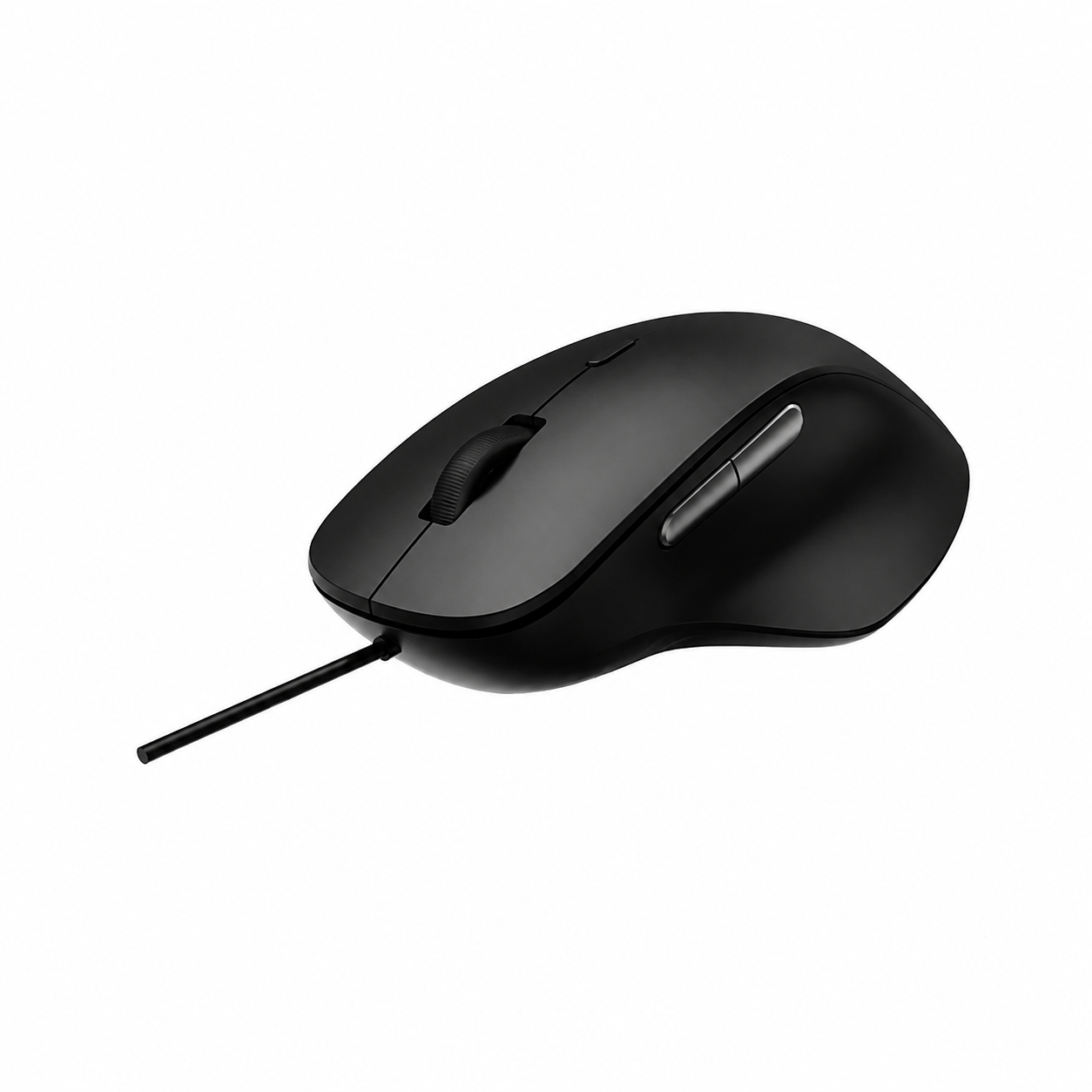 Rapoo N500 Silent wired mouse angled front view showing the ergonomic black body, scroll wheel and USB cable