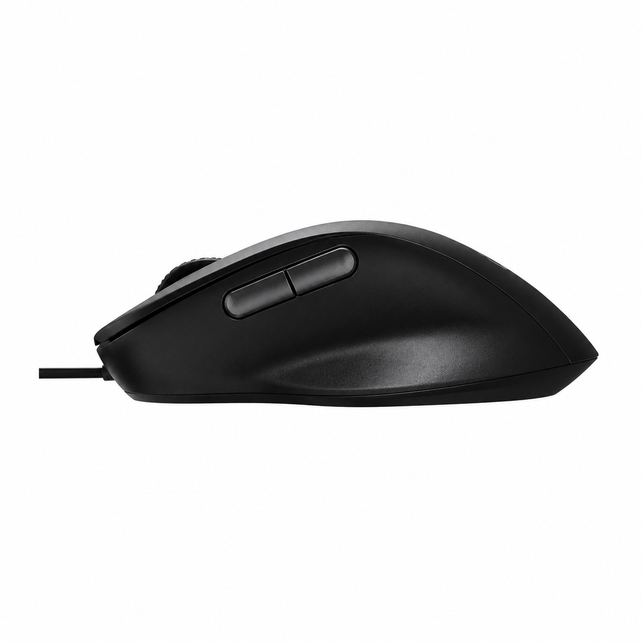 Rapoo N500 Silent optical mouse side profile showing the curved ergonomic shape and black wired design
