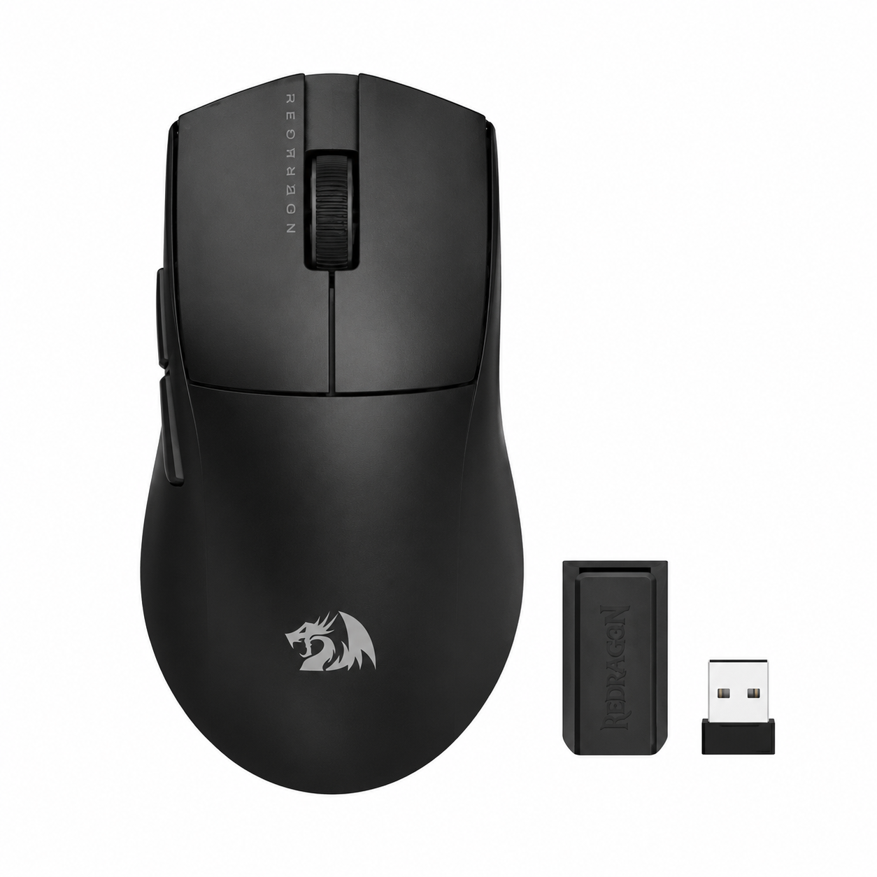 Redragon M916 PRO 4K wireless gaming mouse top view showing the black lightweight design, scroll wheel and 4K USB receiver