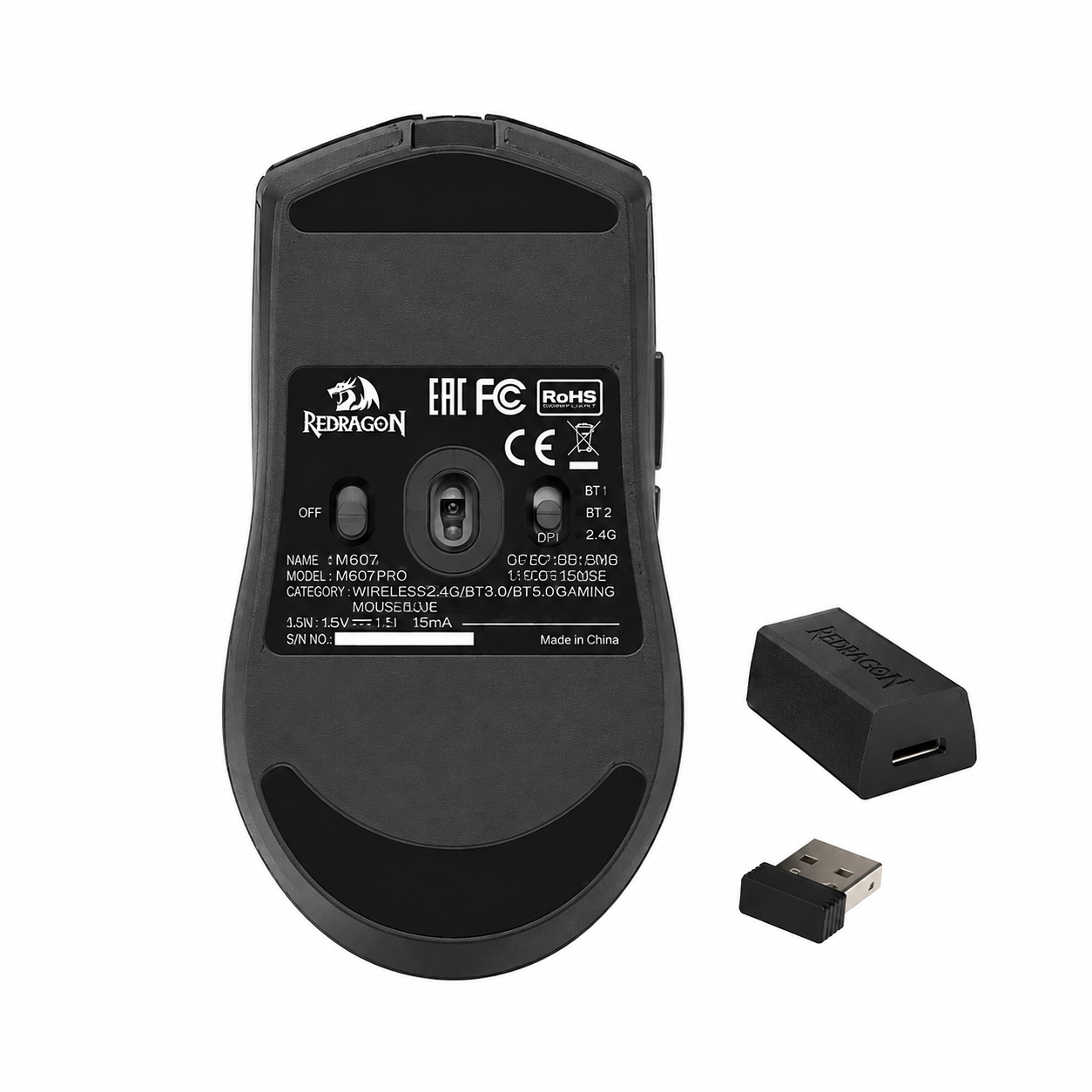 Redragon M916 PRO 4K gaming mouse bottom view showing the optical sensor, control switches and wireless receiver accessories