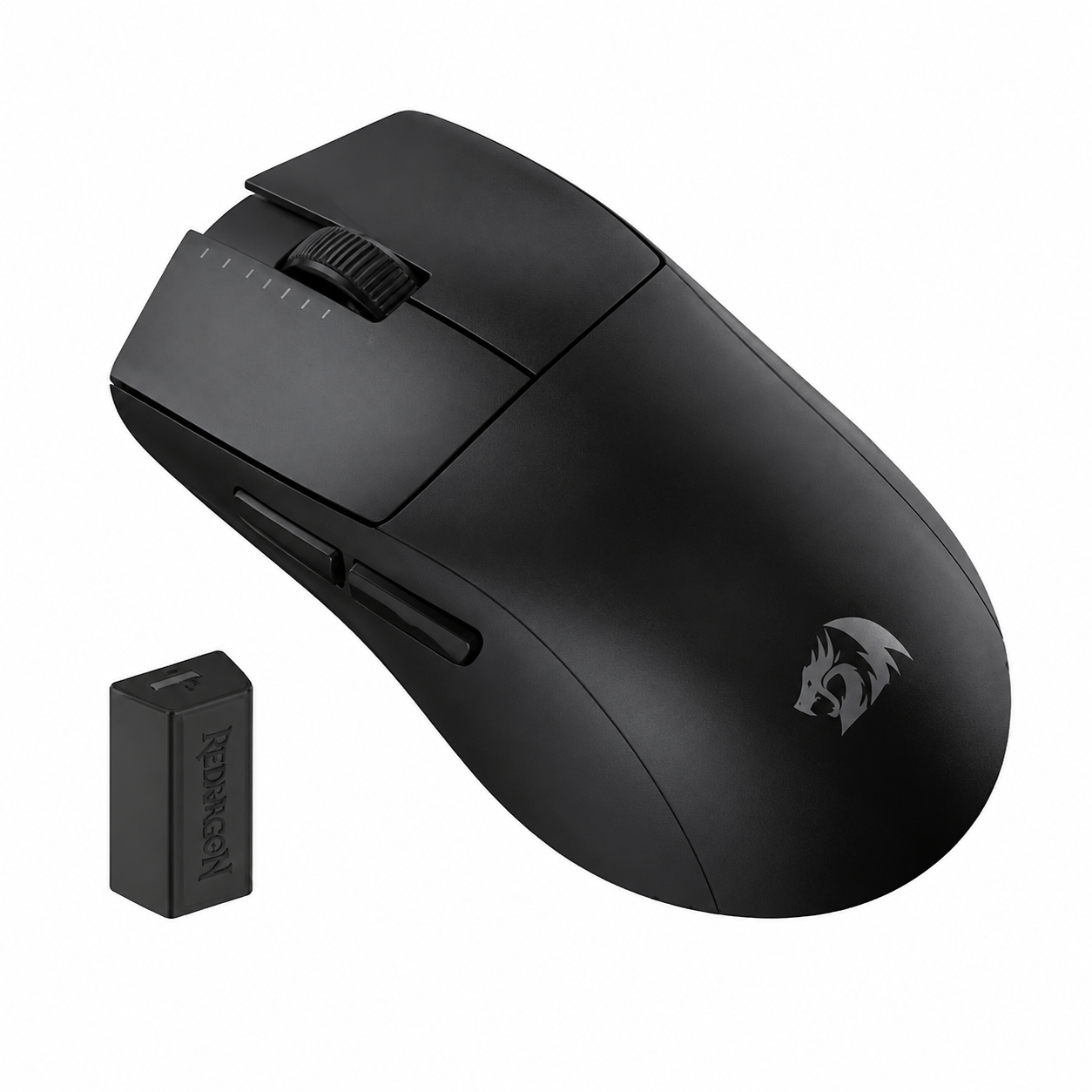 Redragon M916 PRO 4K wireless gaming mouse angled view showing the black ergonomic body, top buttons and USB receiver