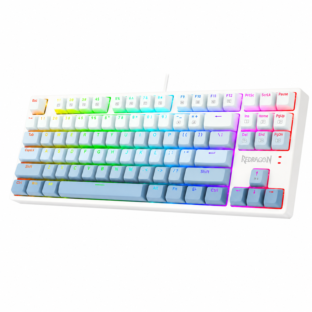 Redragon RGB gaming keyboard in pastel rainbow colors angled view on white background