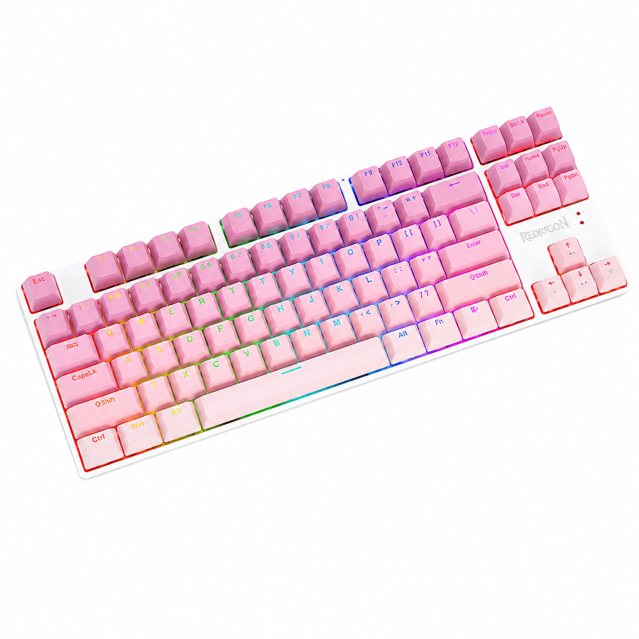 Redragon pink RGB gaming keyboard angled side view on white background