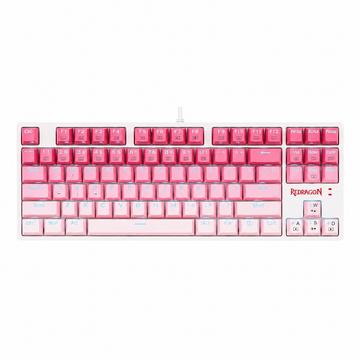 Redragon pink and white compact gaming keyboard front view on white background