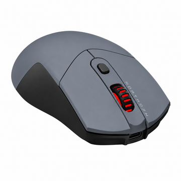 Redragon M917GB-PRO gaming mouse right angled view highlighting the ergonomic shape, top buttons and red scroll wheel