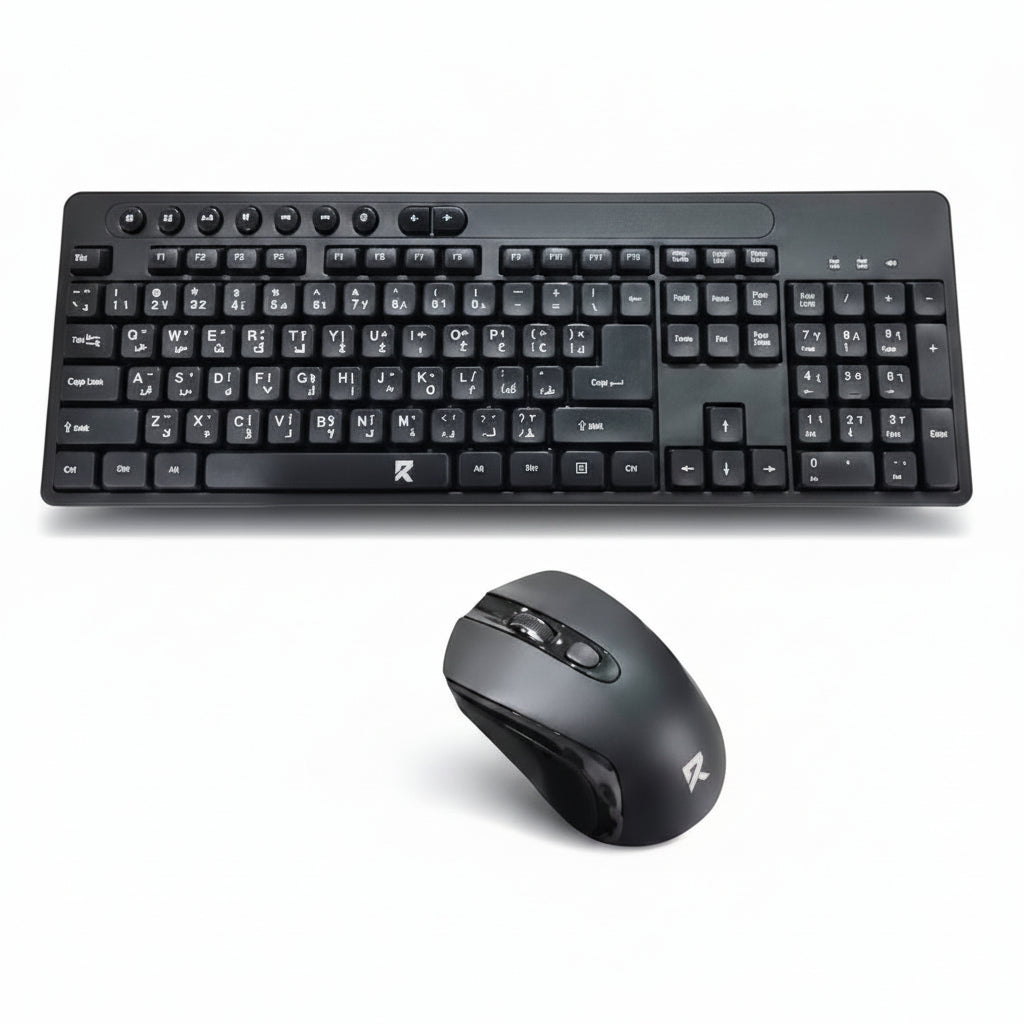 Redragon wireless keyboard and mouse combo front view showing the full-size black keyboard and matching ergonomic mouse