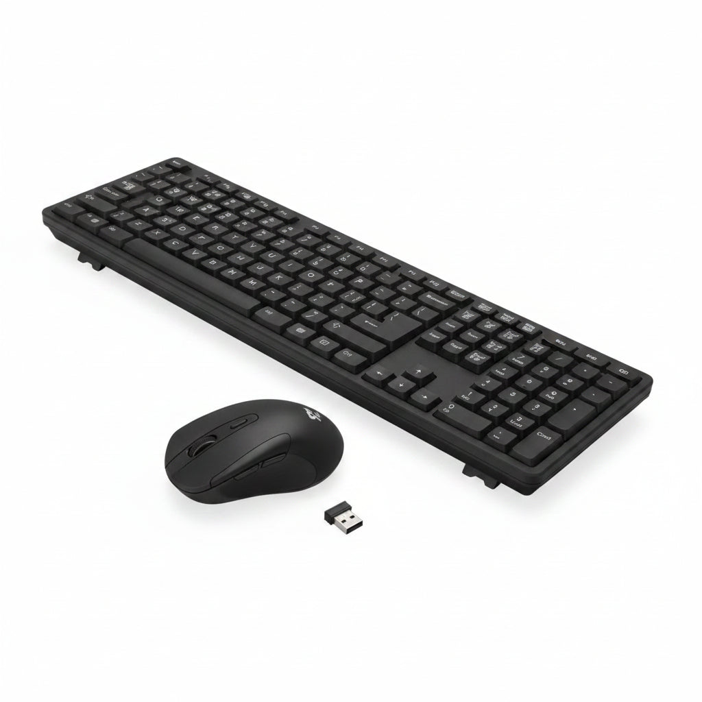 Redragon wireless keyboard and mouse combo angled view showing the black keyboard, mouse and USB wireless receiver