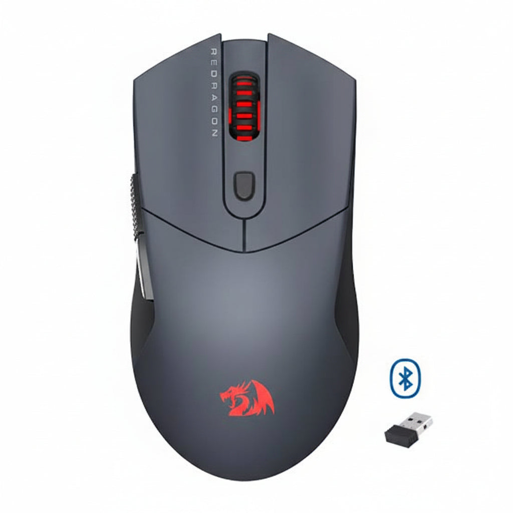 Redragon M917GB-PRO gaming mouse top view showing the black ergonomic design, red scroll wheel, Bluetooth connectivity icon and USB receiver