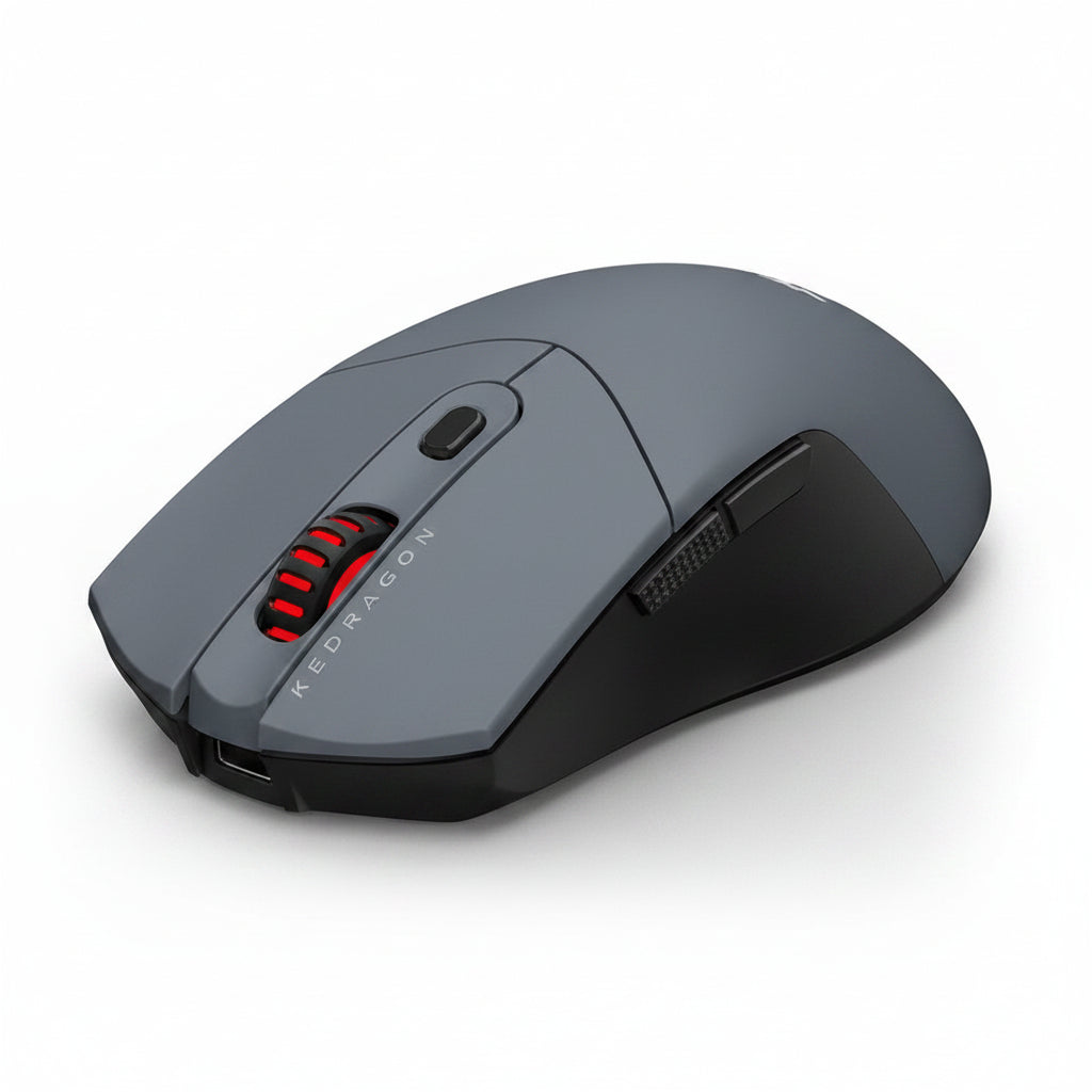 Redragon M917GB-PRO gaming mouse left angled view showing the curved black body, side buttons and red scroll wheel