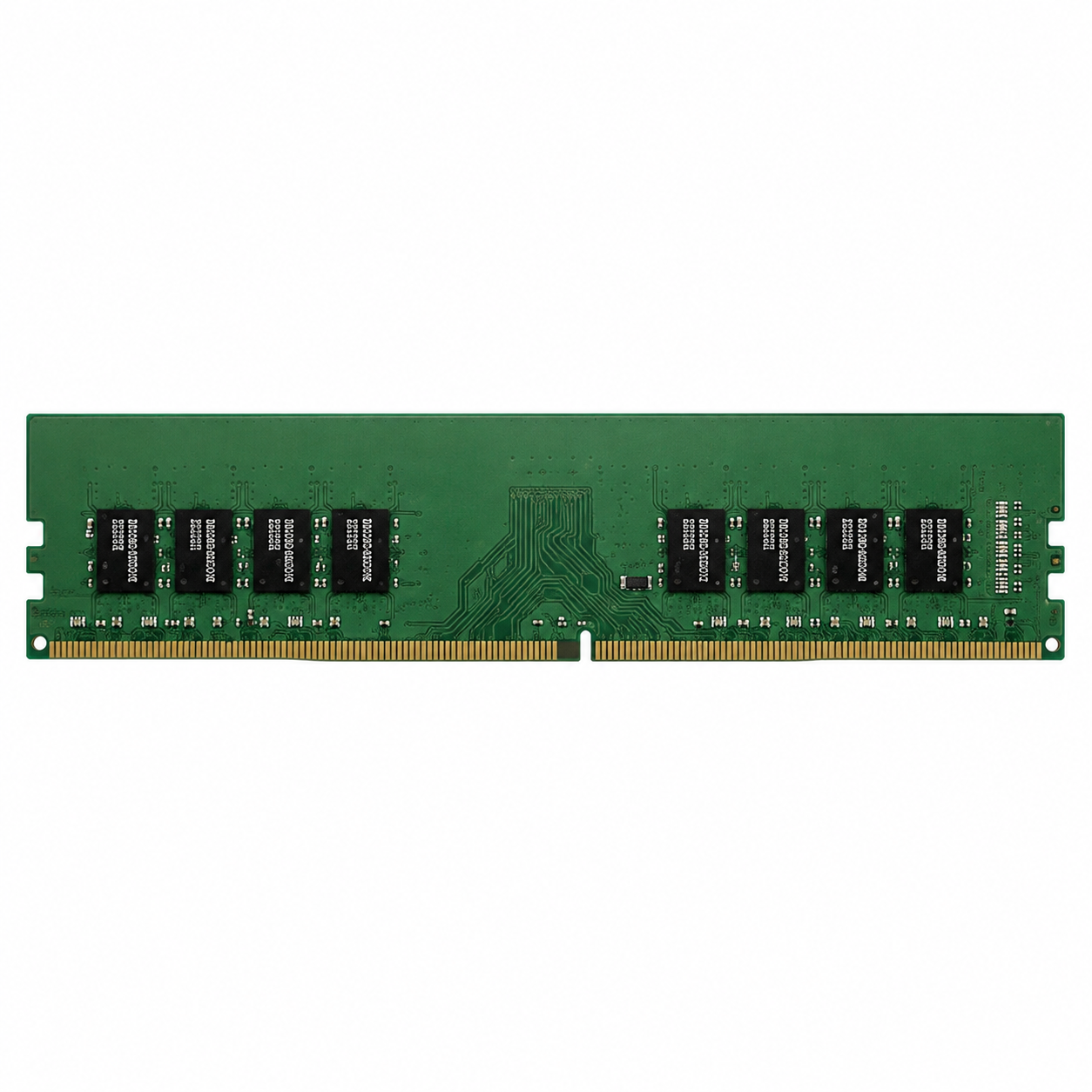 Samsung 16GB DDR5 6400MT/s UDIMM desktop RAM chip side view showing the green PCB, memory chips and gold connector pins